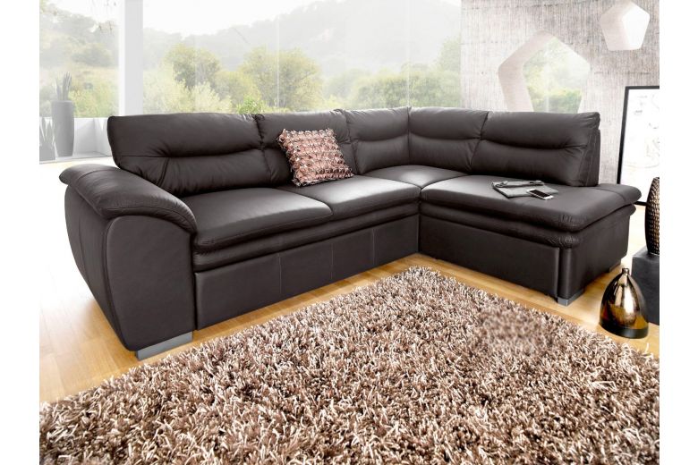 Leather corner sofa - Leandra (Pull-out with storage box)