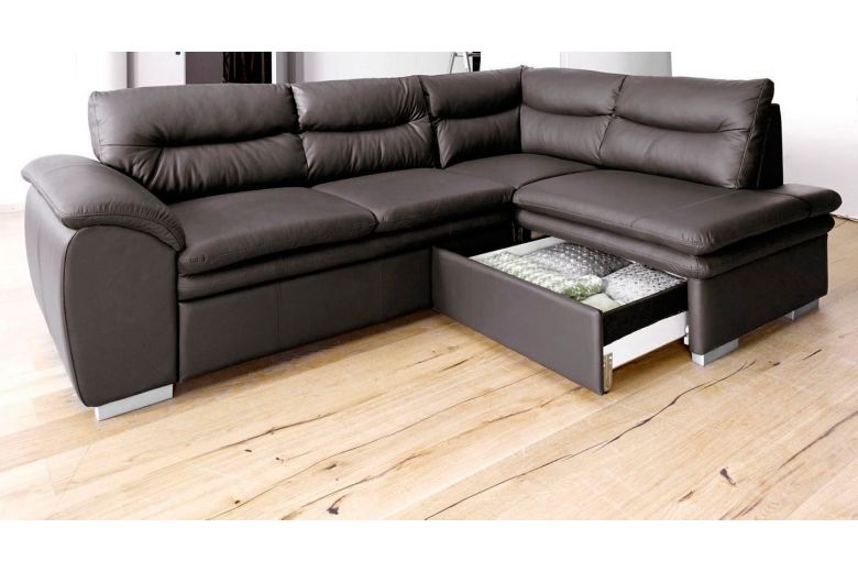 Leather corner sofa - Leandra (Pull-out with storage box)